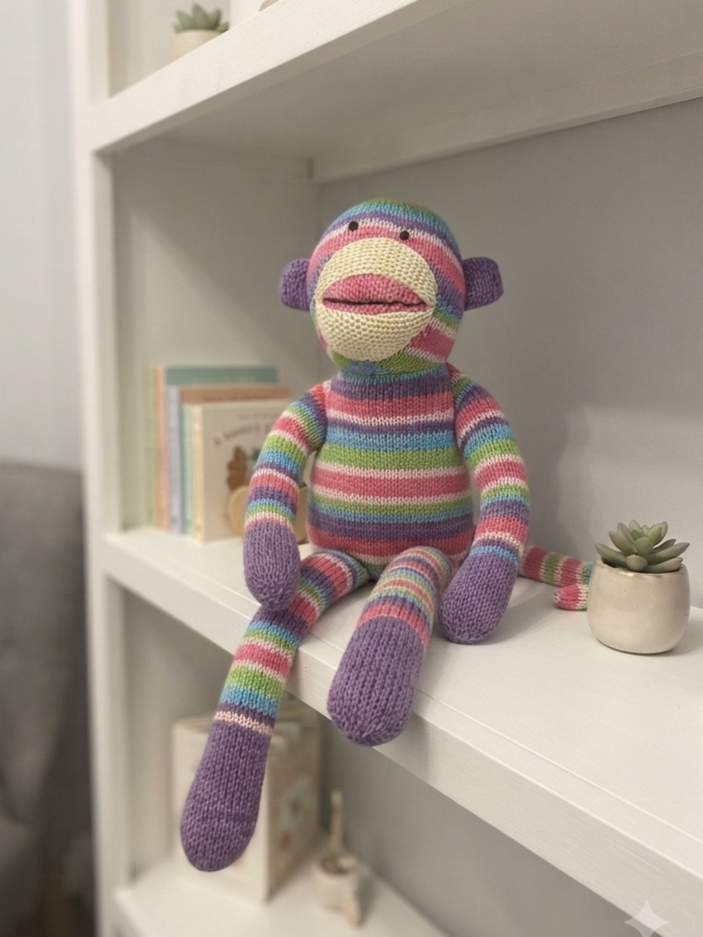 Pier 1 Plush Striped Knit Sock Monkey - Multicolor Pink Purple Green 16"